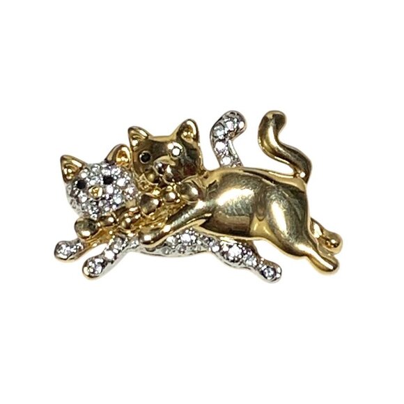 Vintage Gold & Crystal Pair Of Kitties Leaping Brooch Gold Tone 2" - Picture 1 of 3